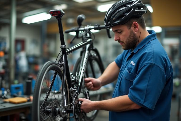 Professional mechanic inspecting a used bicycle